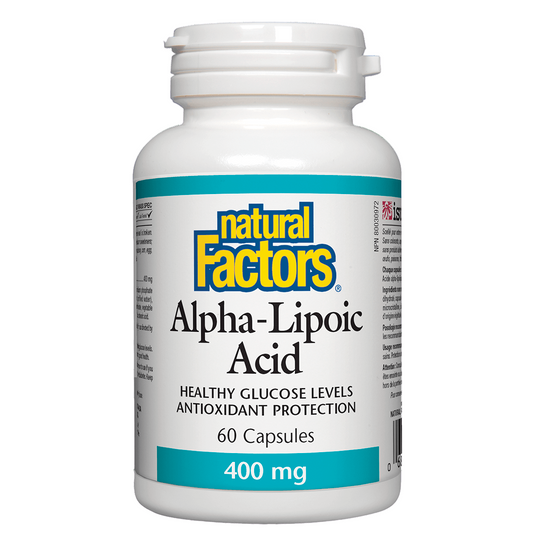 Natural Factors Alpha-Lipoic Acid supplement bottle on a white background