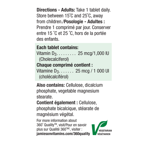 Jamieson Vitamin D3 1,000 IU 100 Tablets ingredients
