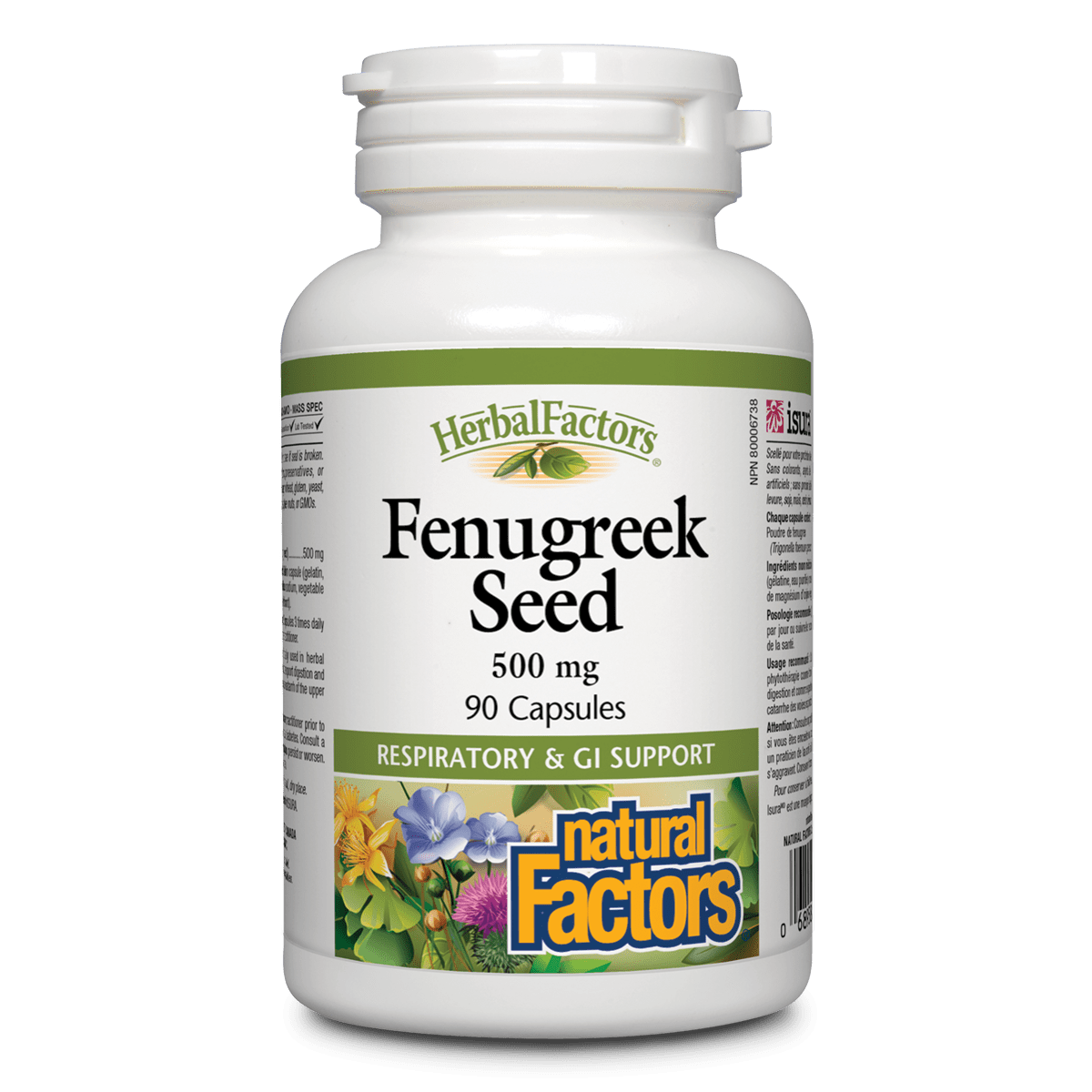 Bottle of Herbal Factors Fenugreek Seed capsules on a white background Shop online natvd.com
