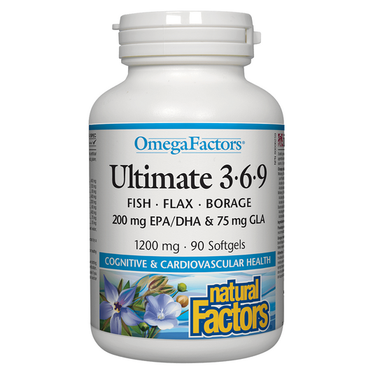 Omega Factors Ultimate 3-6-9 supplement bottle on a white background