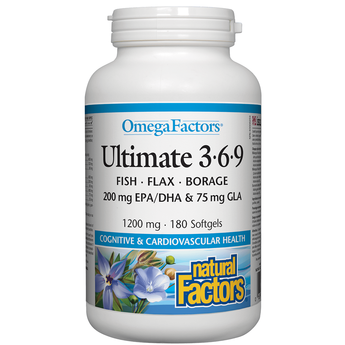 Omega Factors Ultimate 3-6-9 supplement bottle on a white background natvd Natural Vitamin Direct Shop Canadian