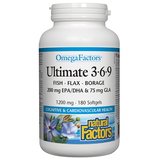 Omega Factors Ultimate 3-6-9 supplement bottle on a white background natvd Natural Vitamin Direct Shop Canadian