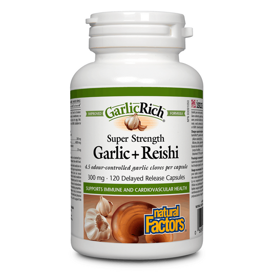 Supplement bottle labeled 'Garlic Rich' with 'Super Strength Garlic + Reishi' on a white background.