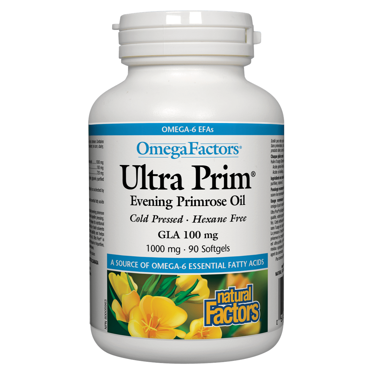 OmegaFactors Ultra Prim Evening Primrose Oil bottle on a white background