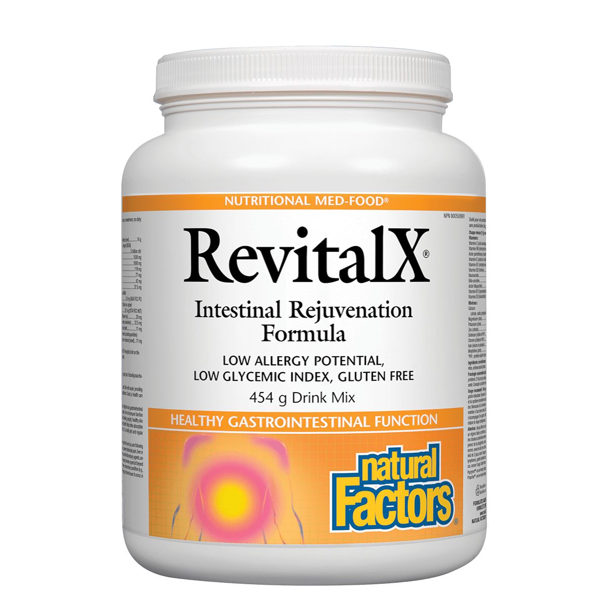 RevitalX Intestinal Rejuvenation Formula container with 'Natural Factors' branding on a white background