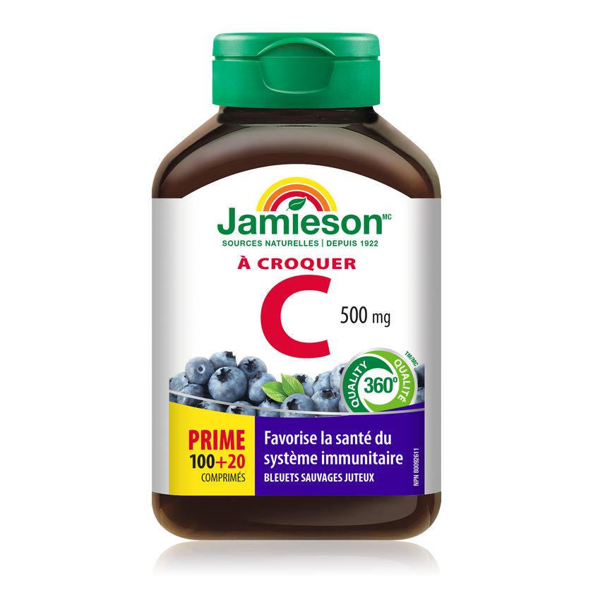 Jamieson Vitamin C 500 mg, Chewable Blueberry 100 tablets + 20 FREE BONUS