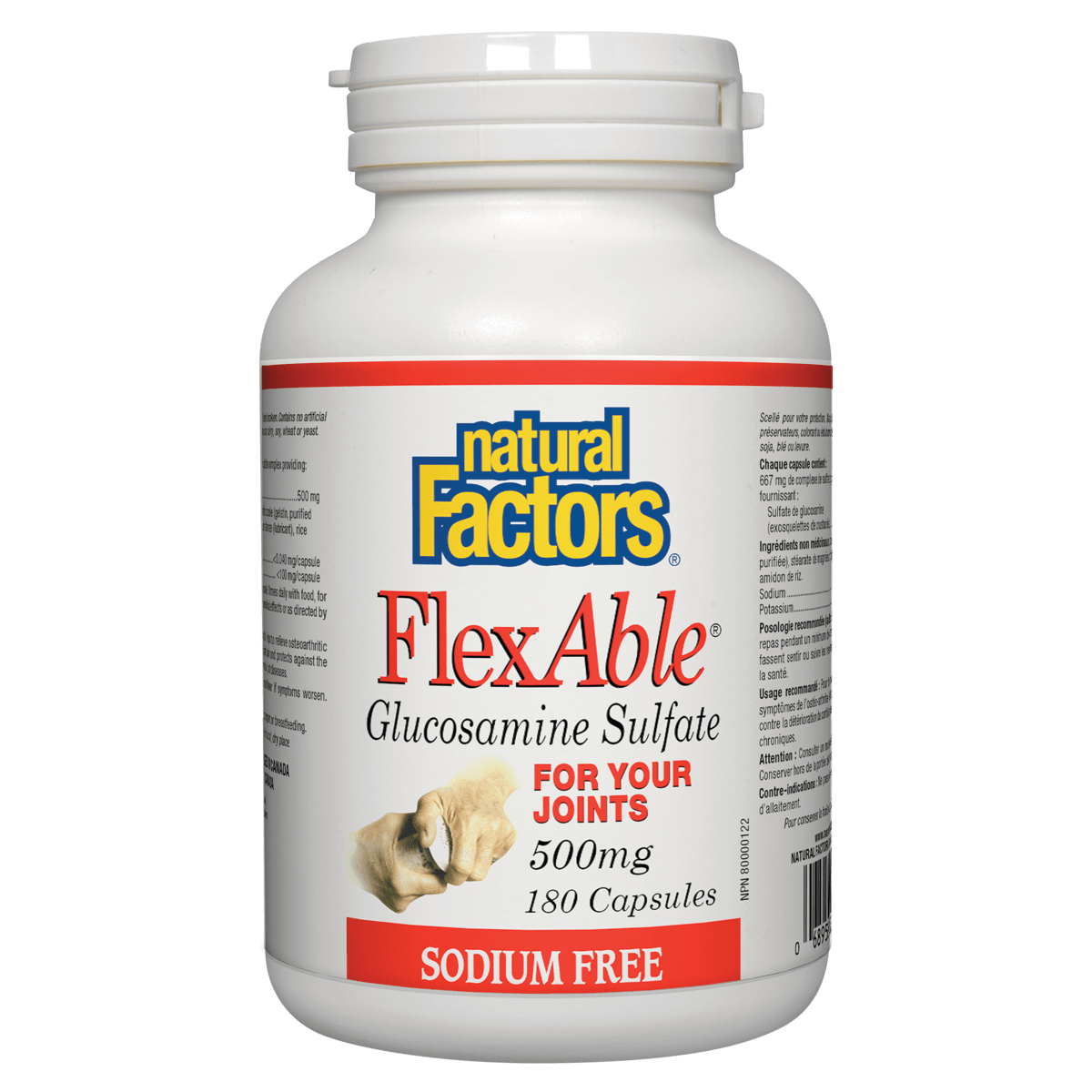 White supplement bottle labeled 'FlexAble' by Natural Factors on a white background