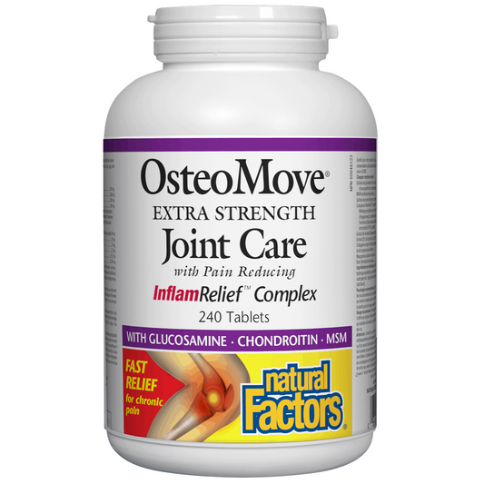 A white plastic bottle of OsteoMove Extra Strength Joint Care 240 tablets by Natural Factors, featuring a white label with purple, red, and yellow accents. Canadian label natvd