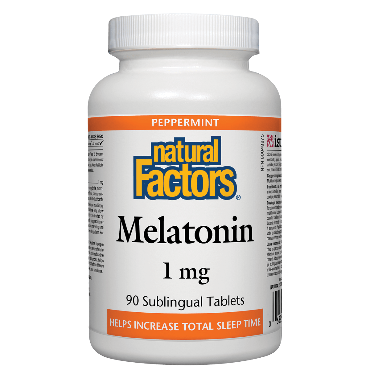 Bottle of Natural Factors Melatonin 1 mg sublingual tablets on a white background