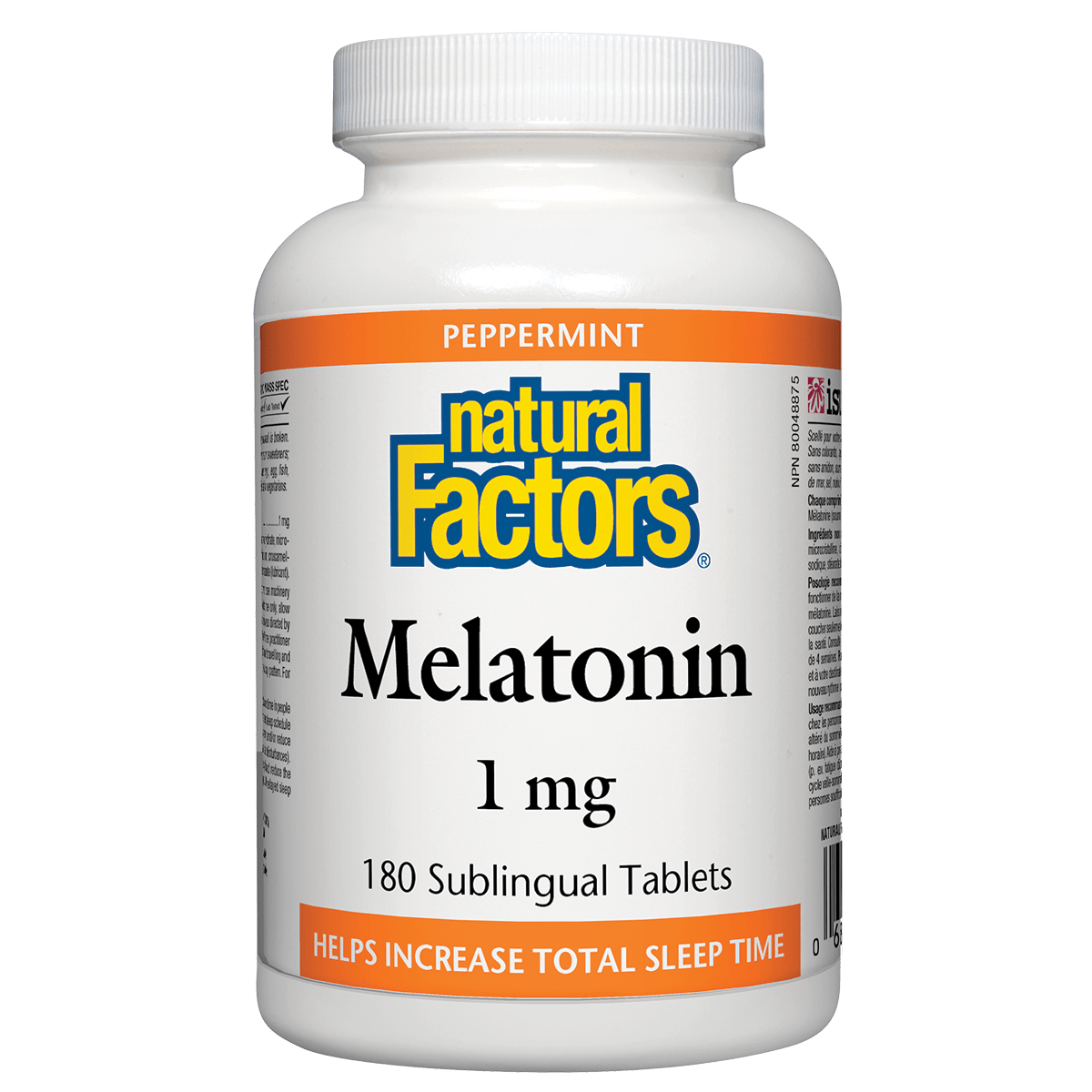 Bottle of Natural Factors Melatonin 1 mg sublingual tablets on a white background Natural Vitamin Direct Inc Shop Canadian since 1997