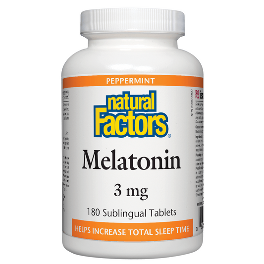Bottle of Natural Factors Melatonin 3 mg sublingual tablets on a white background Natural Vitamin Direct Inc Shop Canadian since 1997