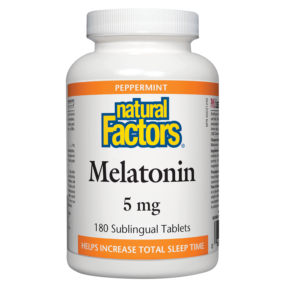 Bottle of Natural Factors Melatonin 5 mg on a white background