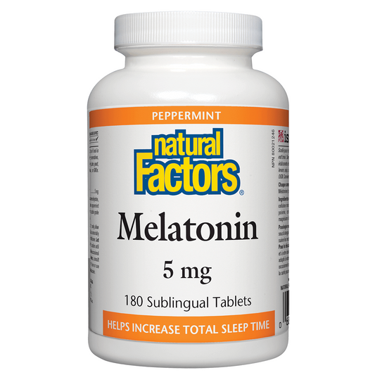 Bottle of Natural Factors Melatonin 5 mg on a white background