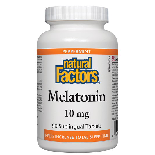 Bottle of Natural Factors Melatonin 10 mg tablets on a white background