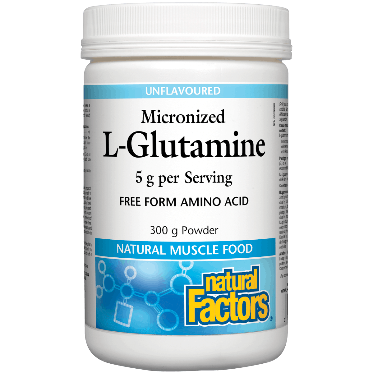 Container of Micronized L-Glutamine powder by Natural Factors on a white background Natural Vitamin Direct Inc Shop Canadian since 1997