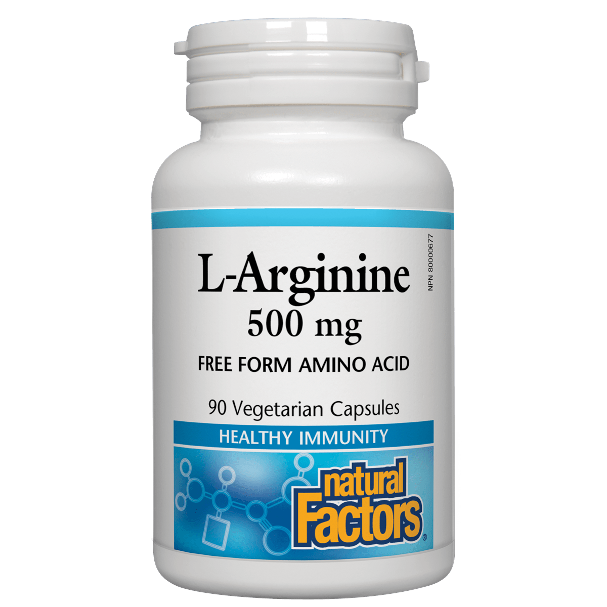 Supplement bottle labeled 'L-Arginine 500 mg' by Natural Factors on a white background Natural Vitamin Direct Inc Shop Canadian since 1997