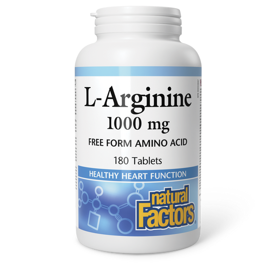 Supplement bottle labeled 'L-Arginine 1000 mg' by Natural Factors on a white background