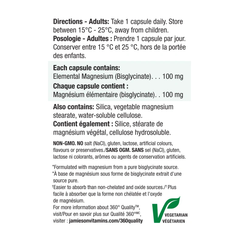 Jamieson 100% Pure Magnesium Bisglycinate 100mg，70 Capsules