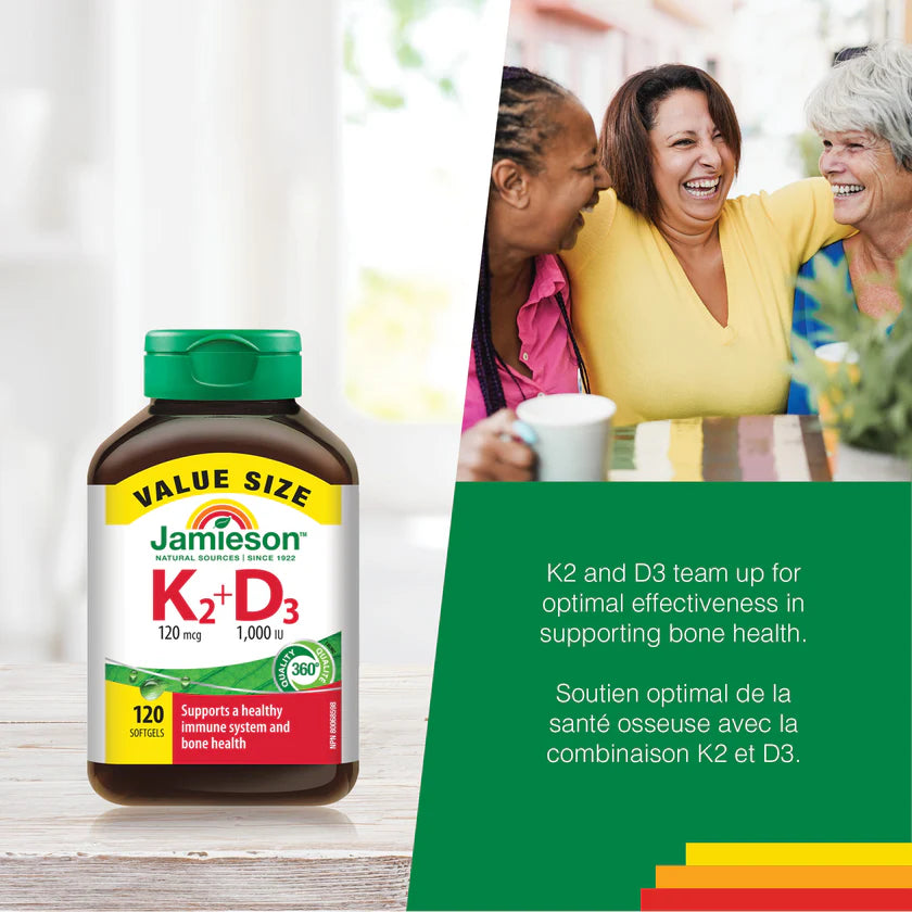 Jamieson 維生素K2+維生素D3，120粒軟膠囊 （超值裝）支持骨骼和免疫系統健康