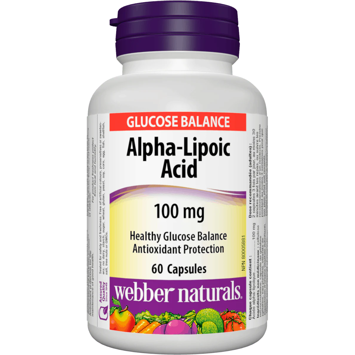Bottle of Alpha-Lipoic Acid supplement with purple cap on a white background