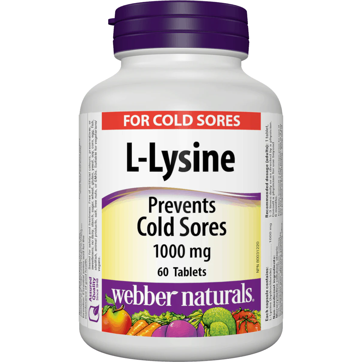 L-Lysine supplement bottle with label on a white background