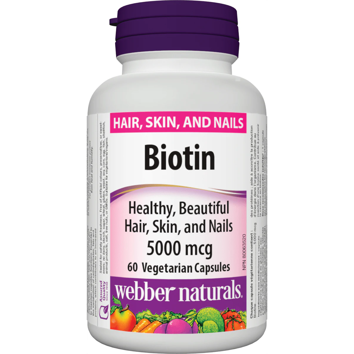 Bottle of Webber Naturals Biotin supplement on a white background