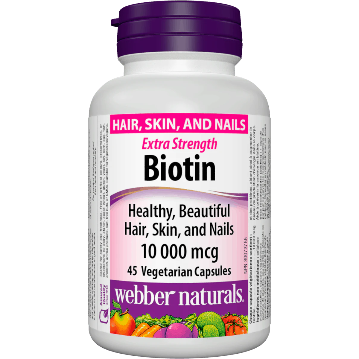 Biotin supplement bottle with purple cap and label on a white background natvd.com