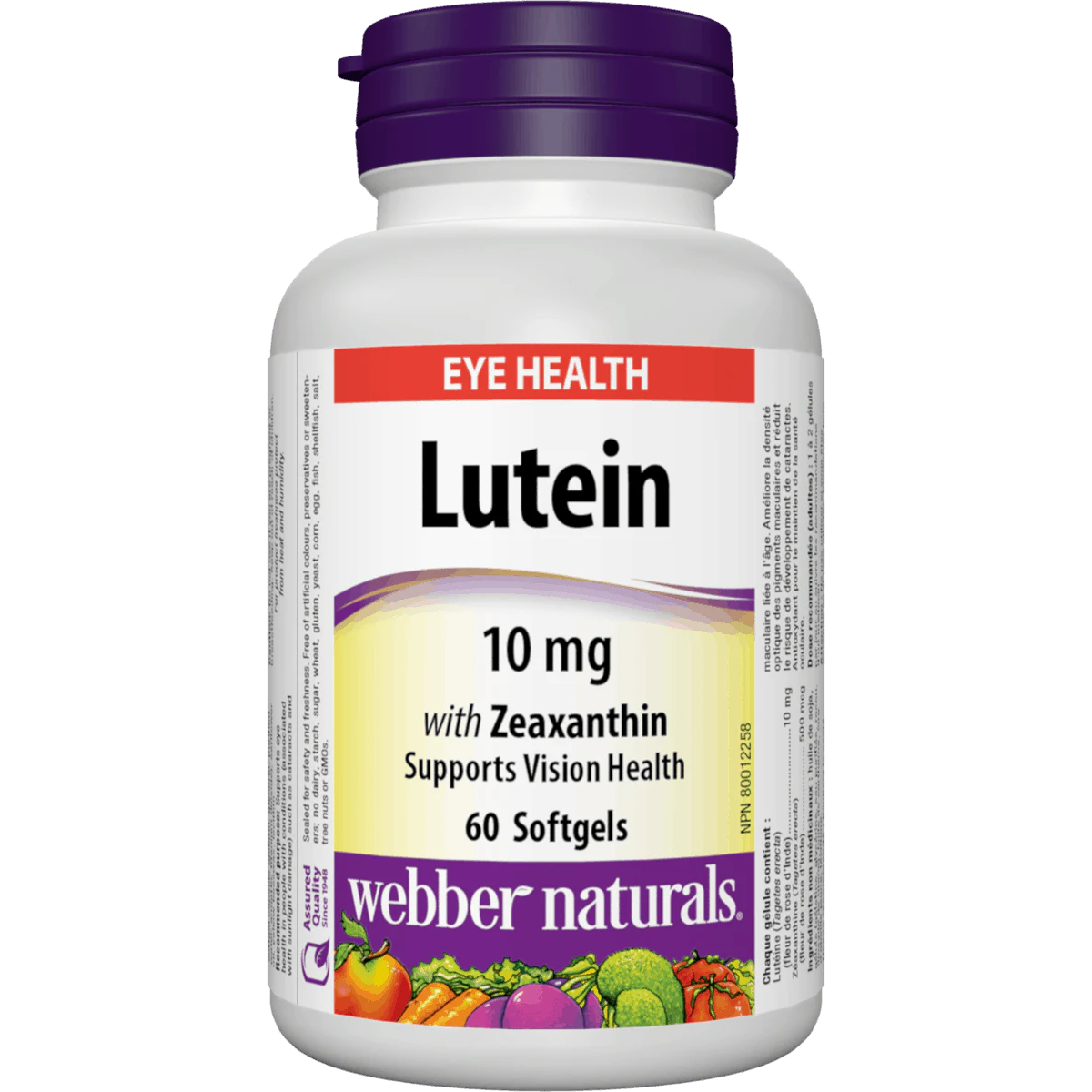Bottle of Webber Naturals Lutein supplement on a white background