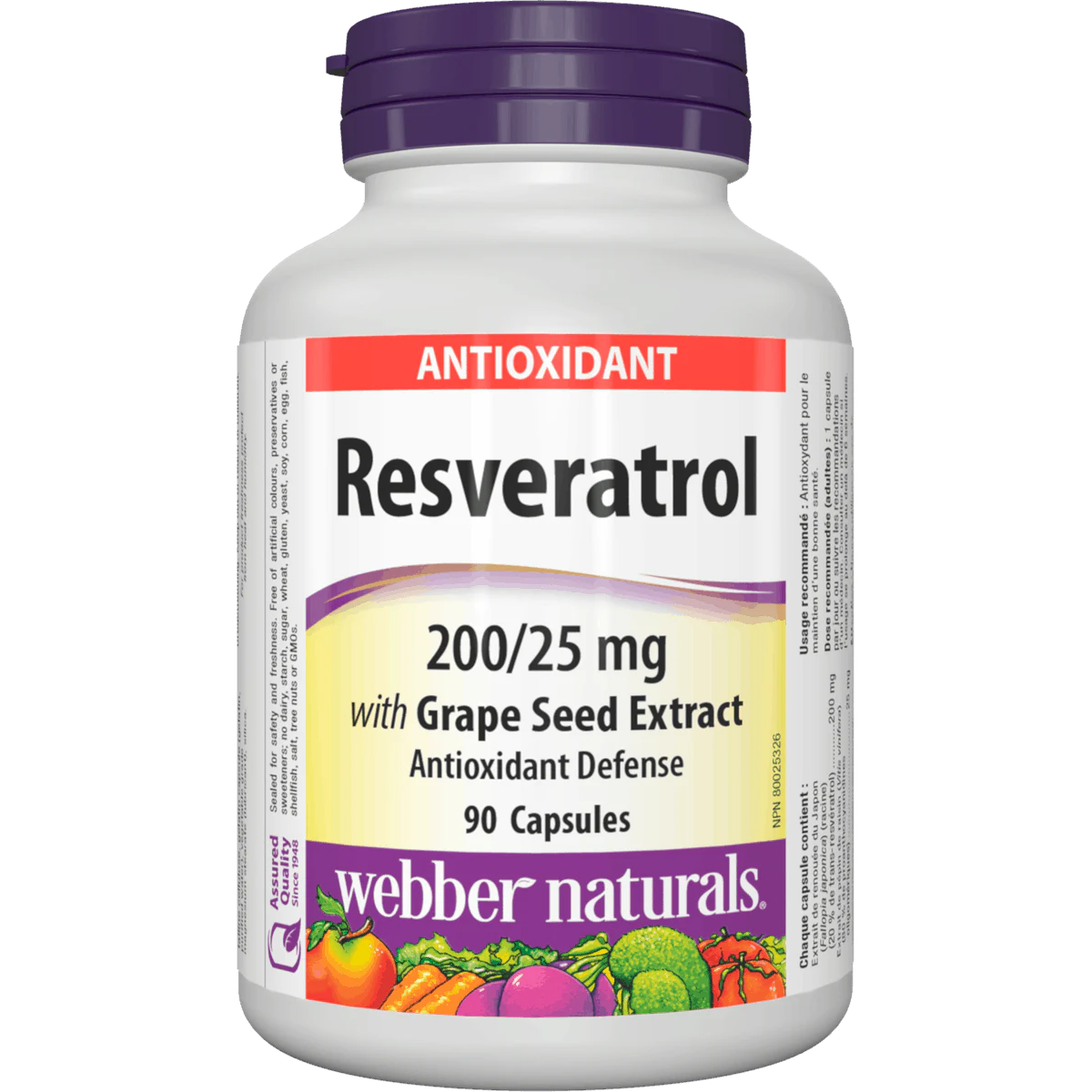 Resveratrol supplement bottle with grape seed extract from Webber Naturals on a white background available online natvd.com
