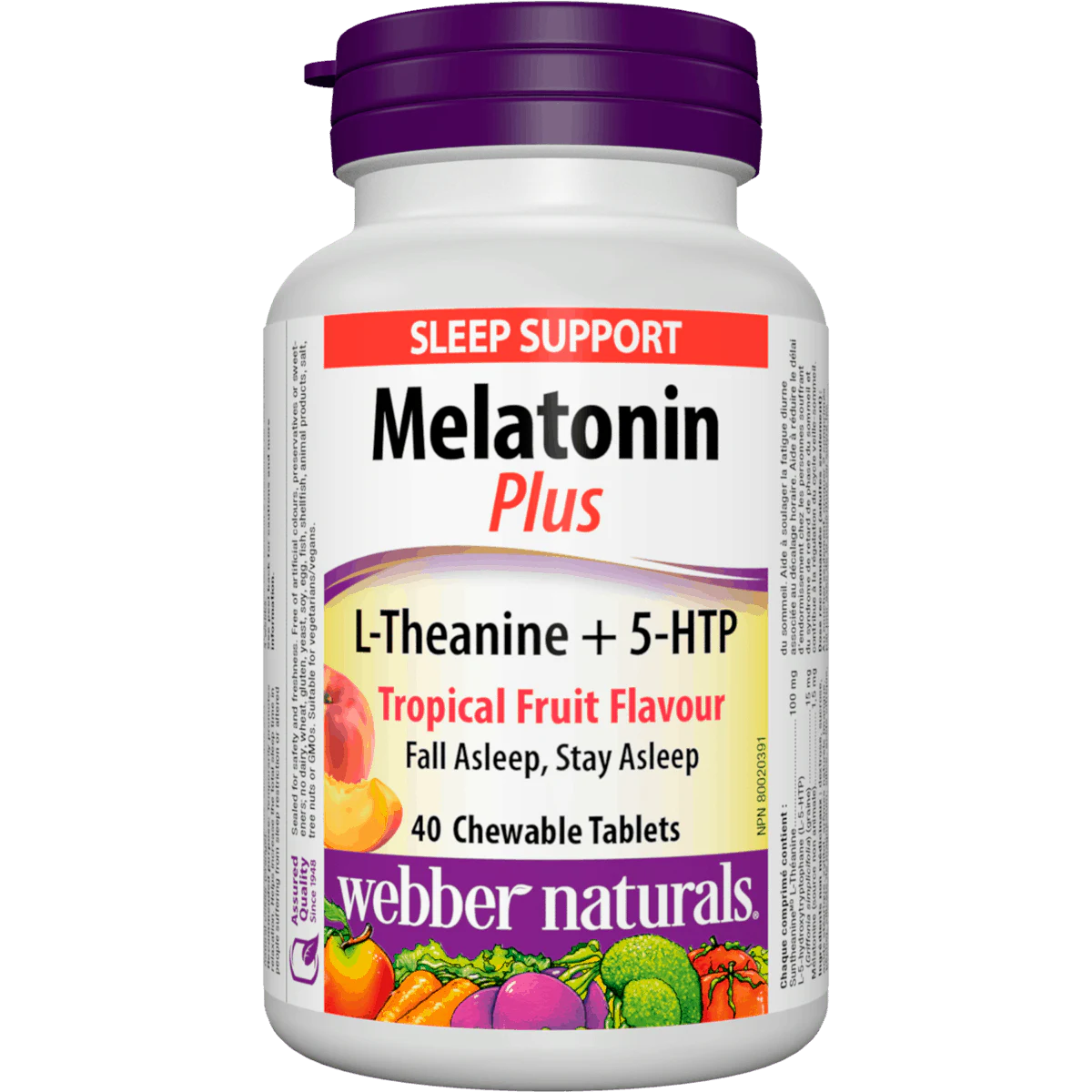 Melatonin Plus supplement bottle with purple cap on a white background