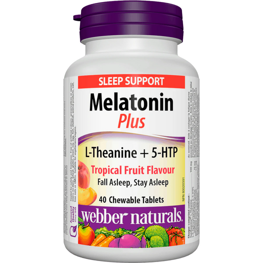 Melatonin Plus supplement bottle with purple cap on a white background