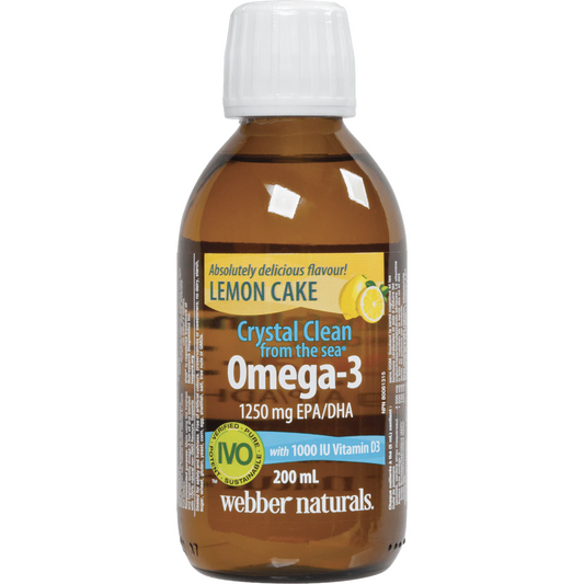 Bottle of Webber Naturals Omega-3 supplement with lemon cake flavor on a white background