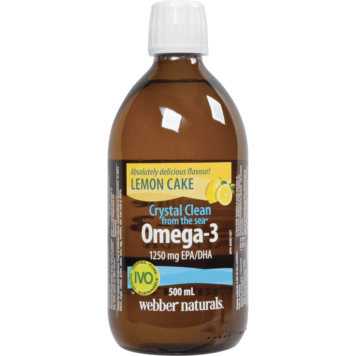 Bottle of Webber Naturals Omega-3 supplement with lemon cake flavor on a white background