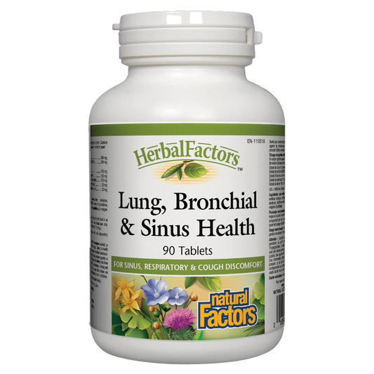 Bottle of Herbal Factors Lung, Bronchial & Sinus Health supplement on a white background Natural Vitamin Direct Inc Shop Canadian since 1997