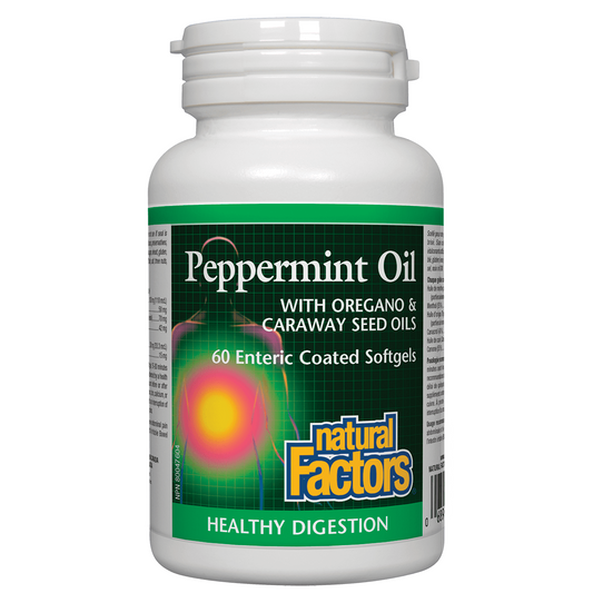 Bottle of peppermint oil with oregano and caraway seed oils from Natural Factors on a white background