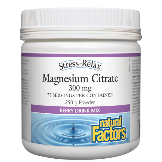 Jar of Stress-Relax Magnesium Citrate powder by Natural Factors on a white background