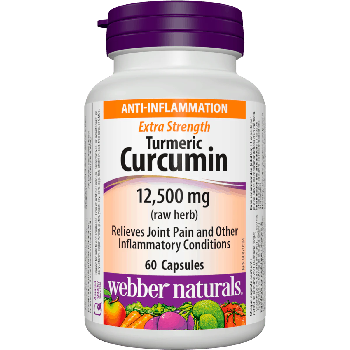 Bottle of Webber Naturals Turmeric Curcumin supplement with purple cap on a white background