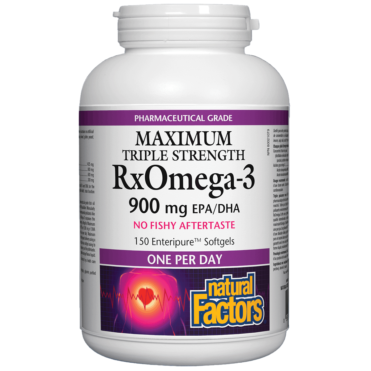 Bottle of Natural Factors Maximum Triple Strength RxOmega-3 supplement on a white background natvd.com