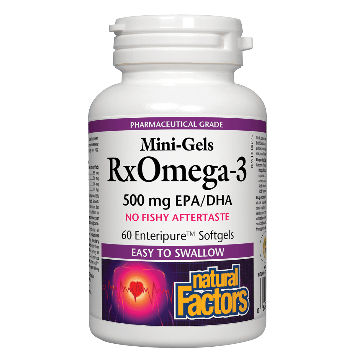 Bottle of RxOmega-3 Mini-Gels by Natural Factors on a white background