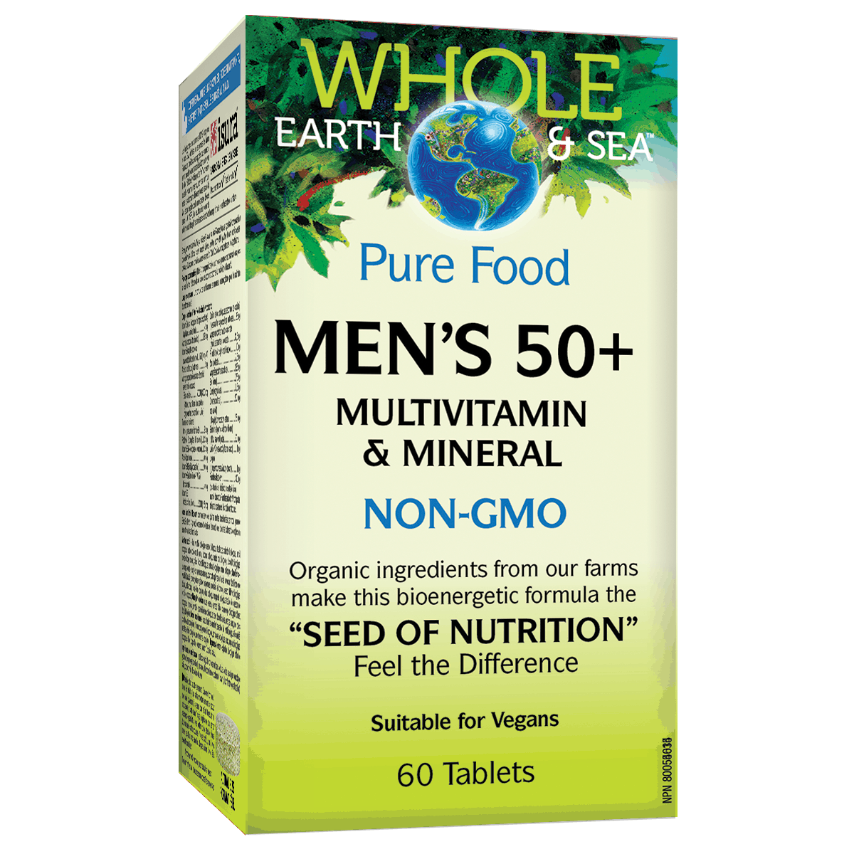 Box of Whole Earth & Sea Men's 50+ Multivitamin & Mineral supplement on a white background