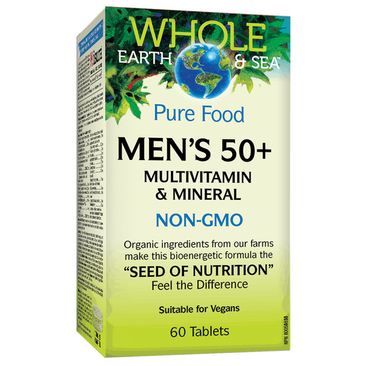 Box of Whole Earth & Sea Men's 50+ Multivitamin & Mineral supplement on a white background