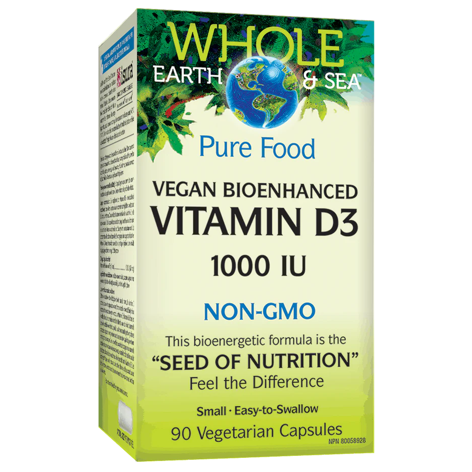 Box of Whole Earth & Sea Vegan Bioenhanced Vitamin D3 1000 IU on a white background