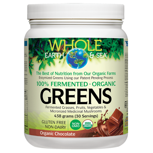 Container of Whole Earth & Sea Greens powder with a white lid on a white background