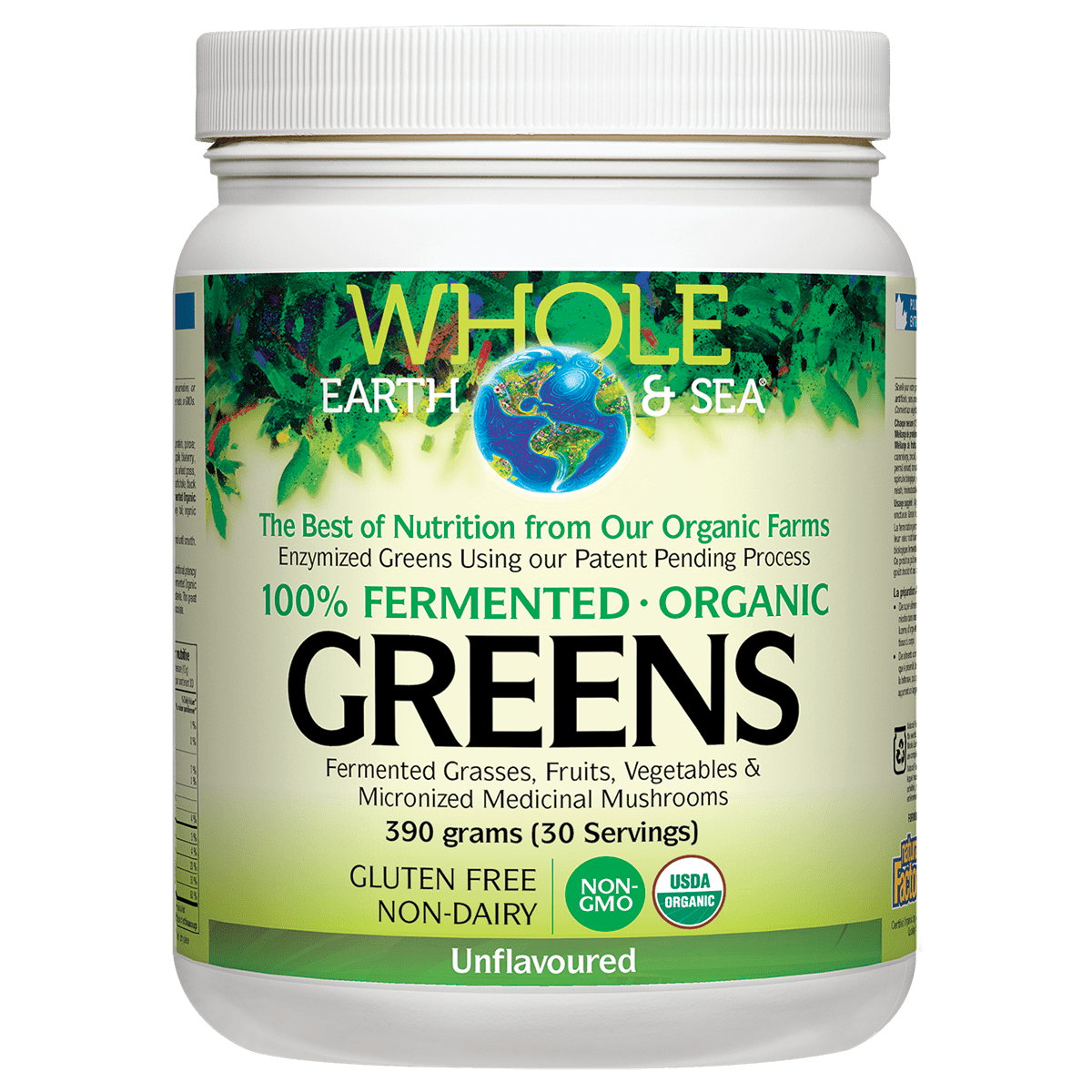 Container of Whole Earth & Sea Greens supplement on a white background