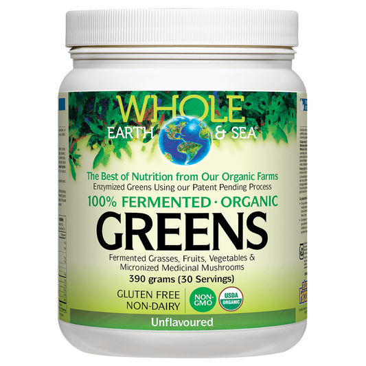 Container of Whole Earth & Sea Greens supplement on a white background