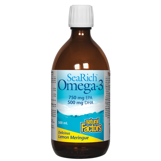 Bottle of SeaRich Omega-3 supplement with a white background