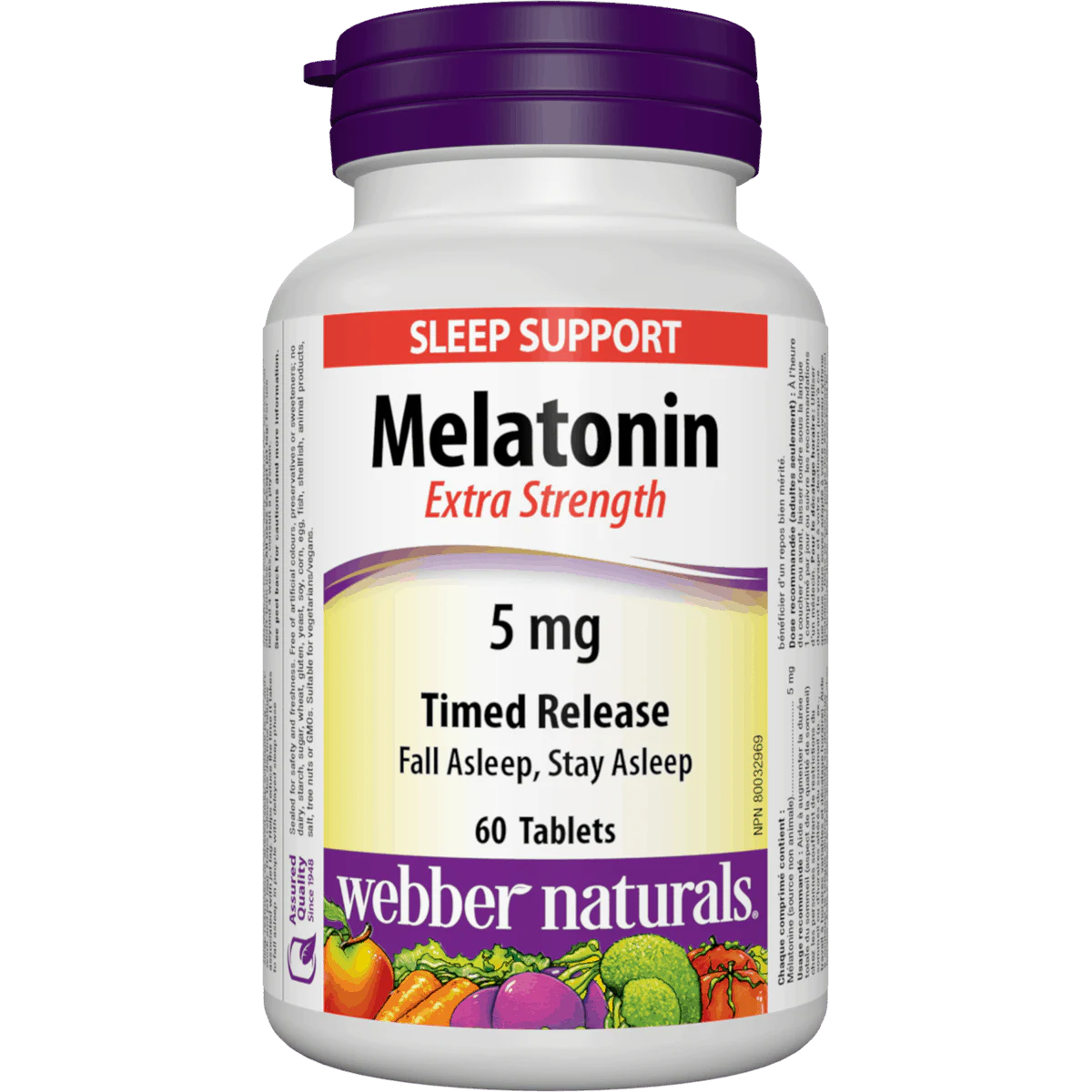 Melatonin supplement bottle with purple cap and label on a white background