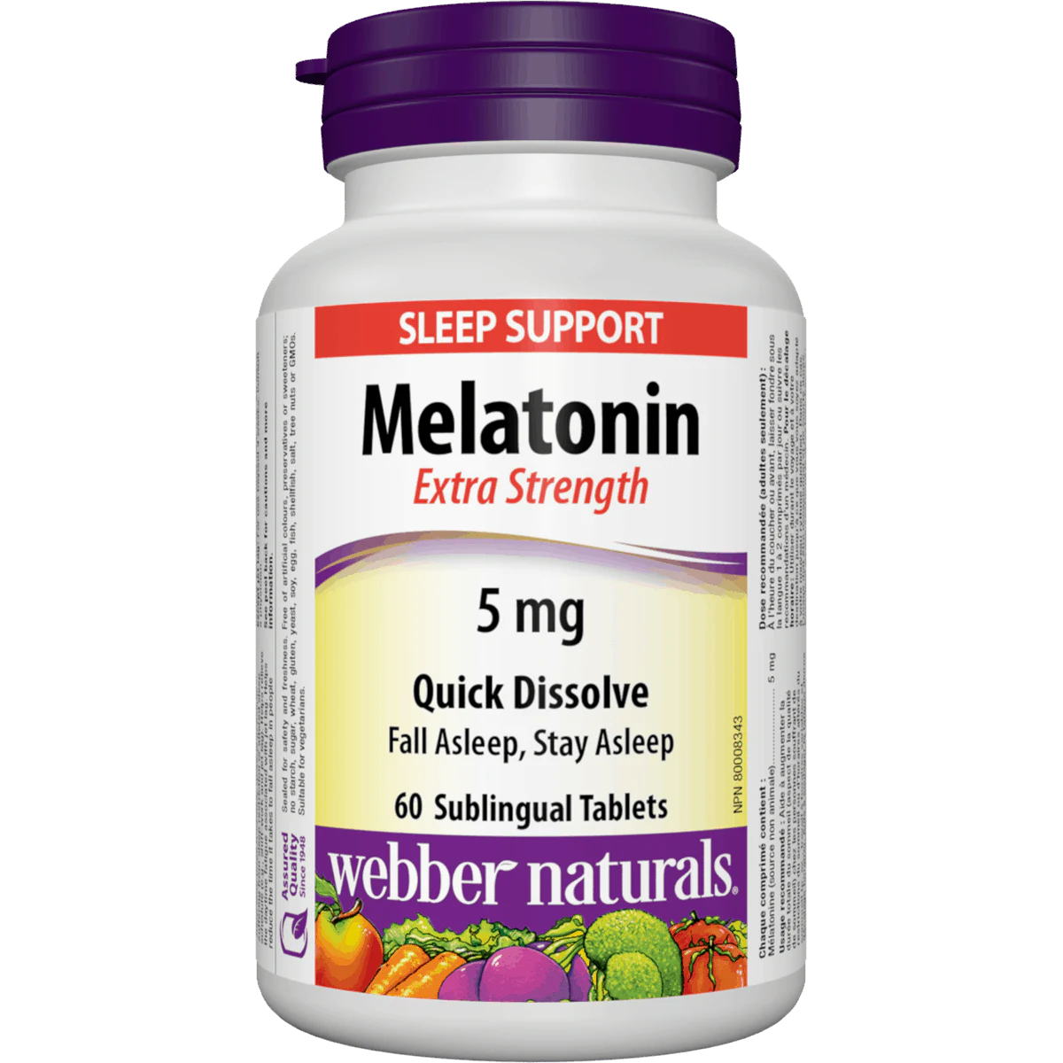 Bottle of Webber Naturals Melatonin Extra Strength 5 mg on a white background
