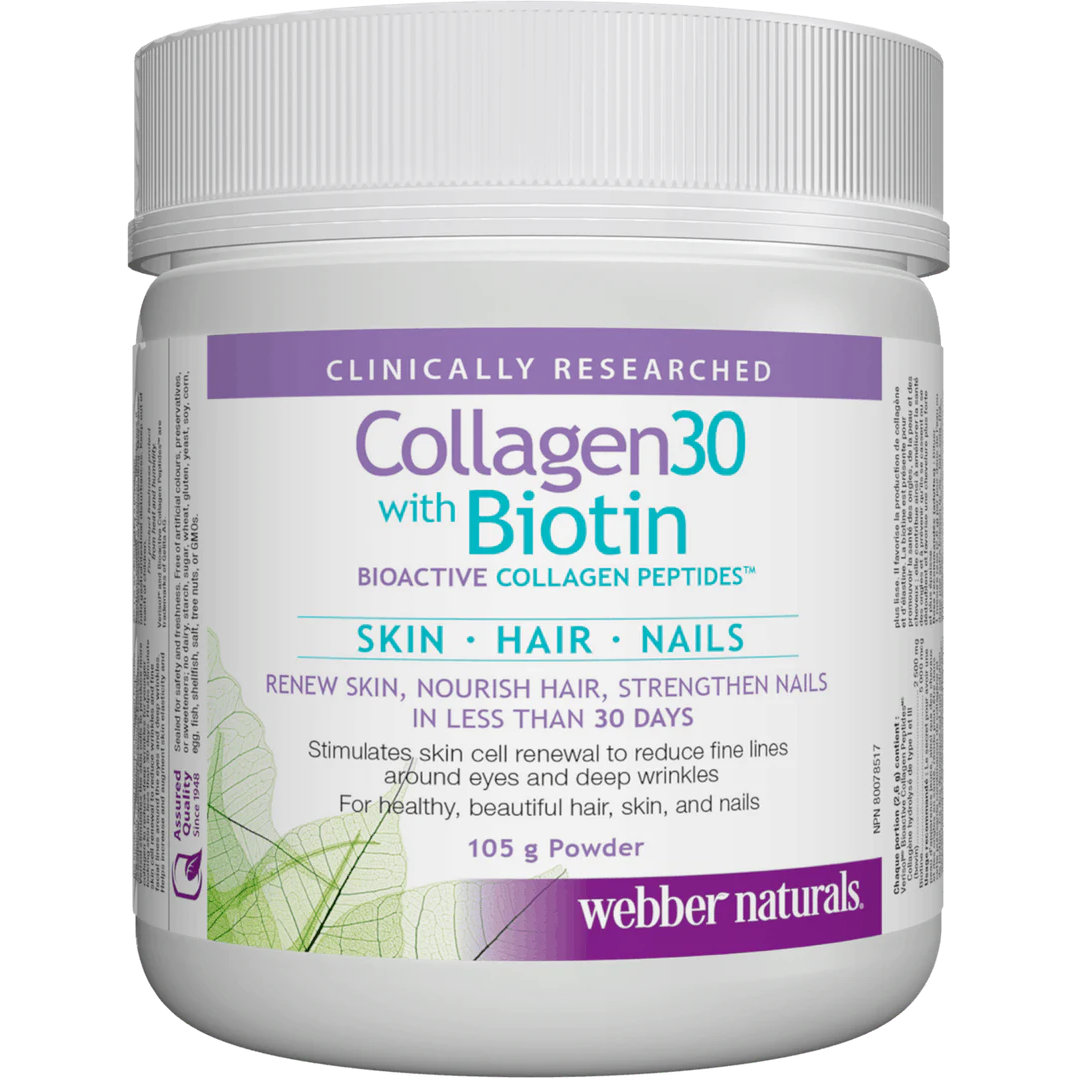 Container of Webber Naturals Collagen30 with Biotin powder on a white background