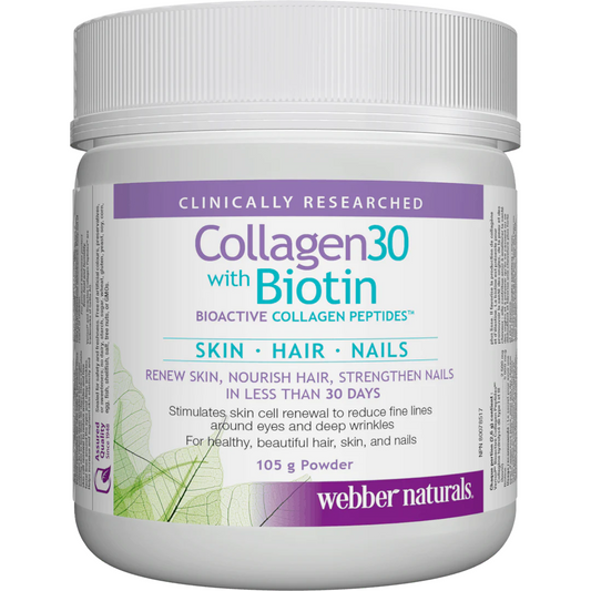 Container of Webber Naturals Collagen30 with Biotin powder on a white background